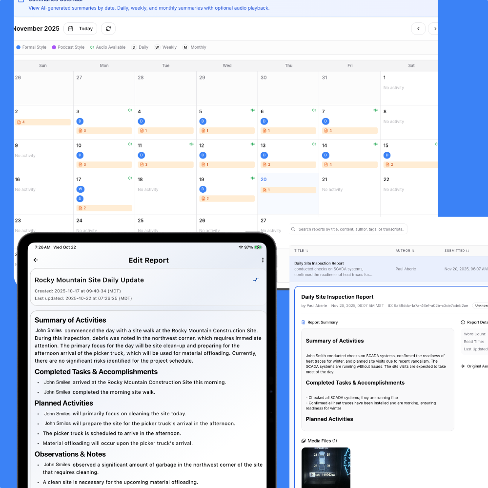 Structured field reports generated from crew voice notes