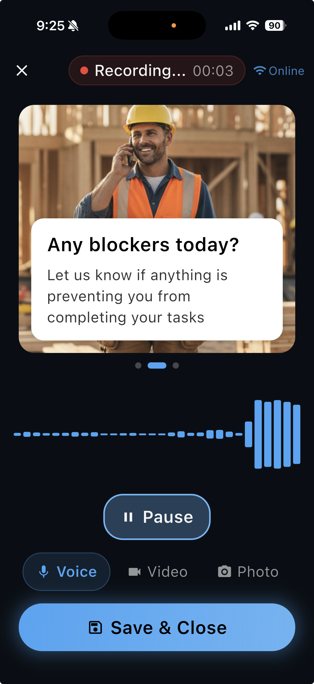 SpeakEzee mobile app recording a site voice report